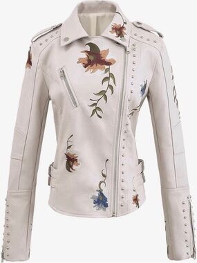 Women Retro Floral Print Embroidery Faux Soft Leather Biker Jacket.  Silver Stud